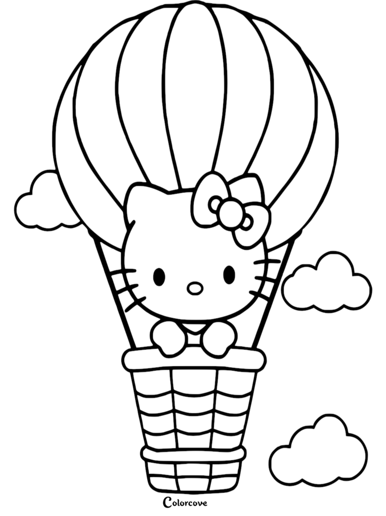 Hello Kitty riding in a striped hot air balloon surrounded by clouds, printable coloring page.