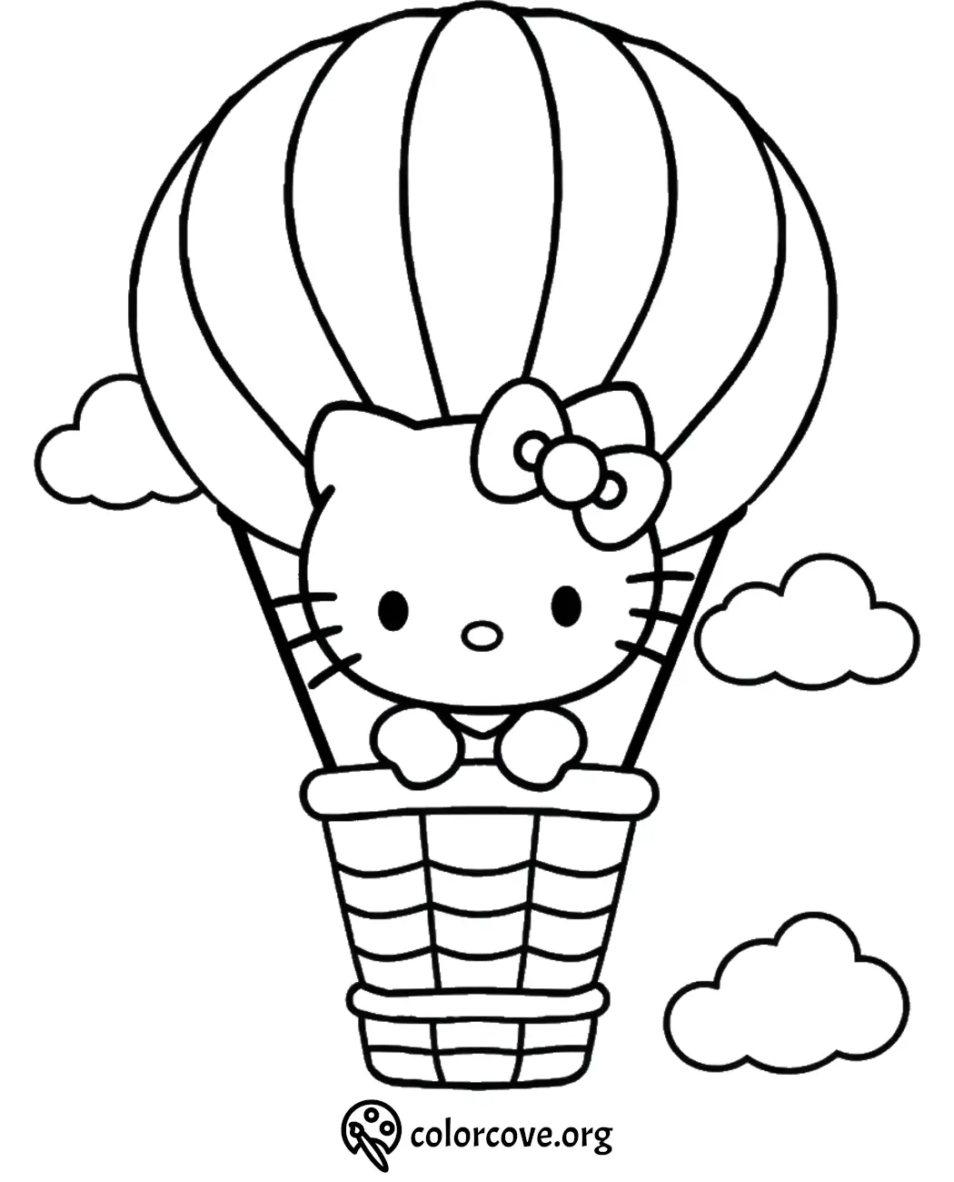 Cute cat character in a hot air balloon coloring page with clouds. Free printable activity for kids from ColorCove.