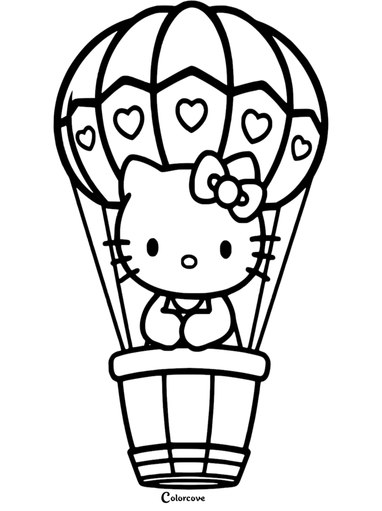 Hello Kitty riding in a heart-patterned hot air balloon, printable coloring page for kids.