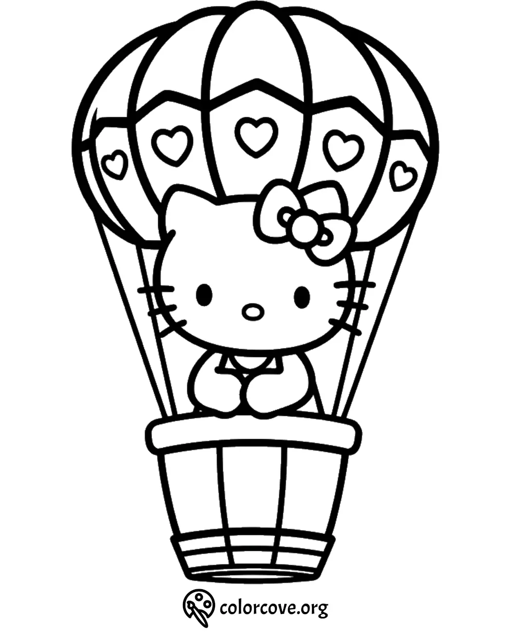 Cat character in a hot air balloon coloring page with heart designs, ready for kids' creative coloring fun.