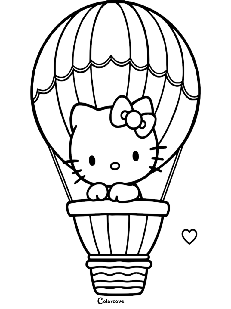 Hello Kitty riding in a striped hot air balloon, printable coloring page with a small heart icon.