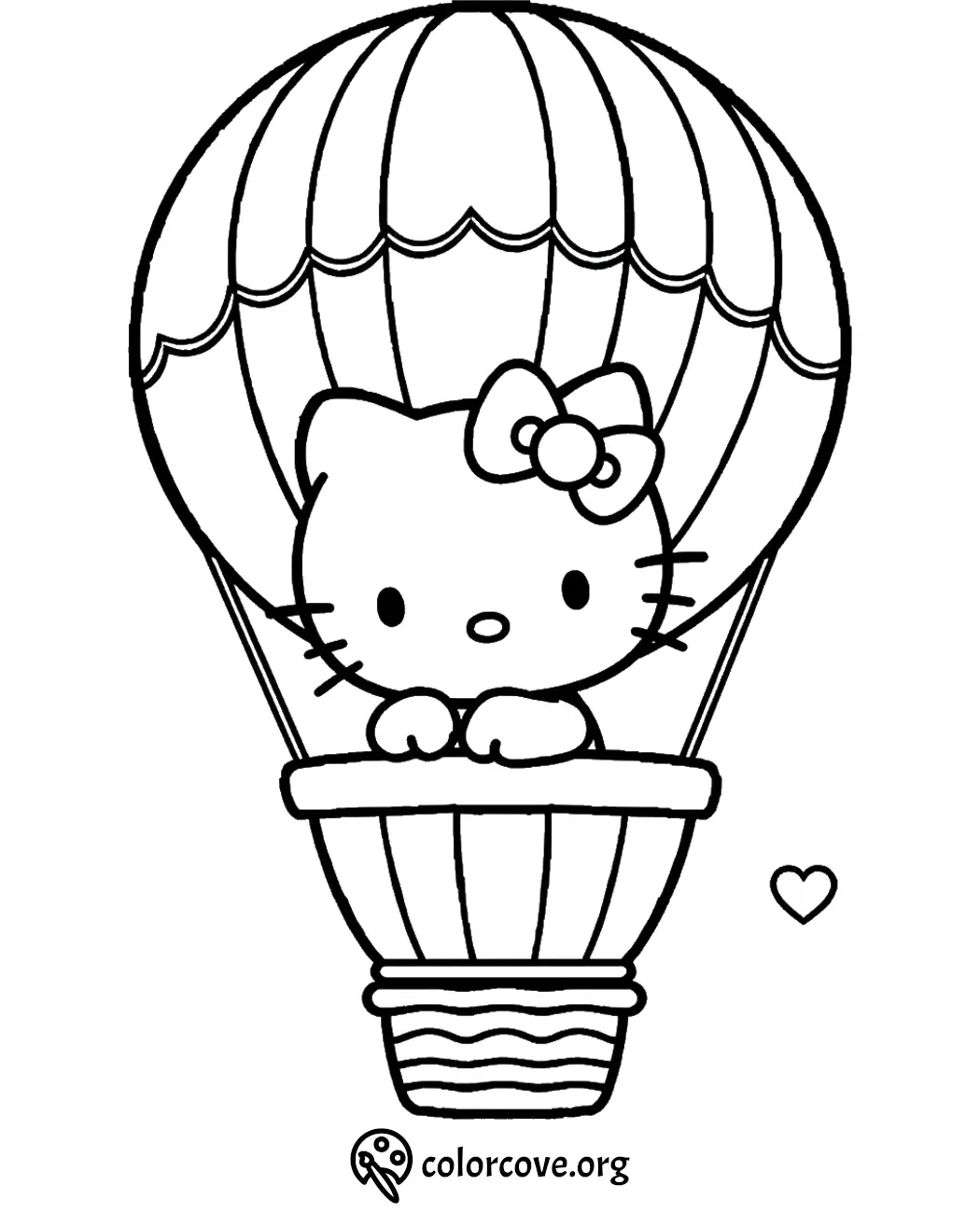 Cute cat character in hot air balloon coloring page with heart detail, free download at colorcove.org.