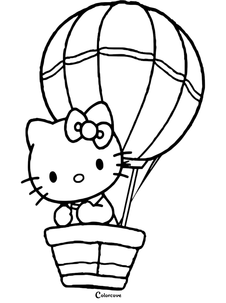 Hello Kitty riding in a striped hot air balloon basket, printable coloring page.