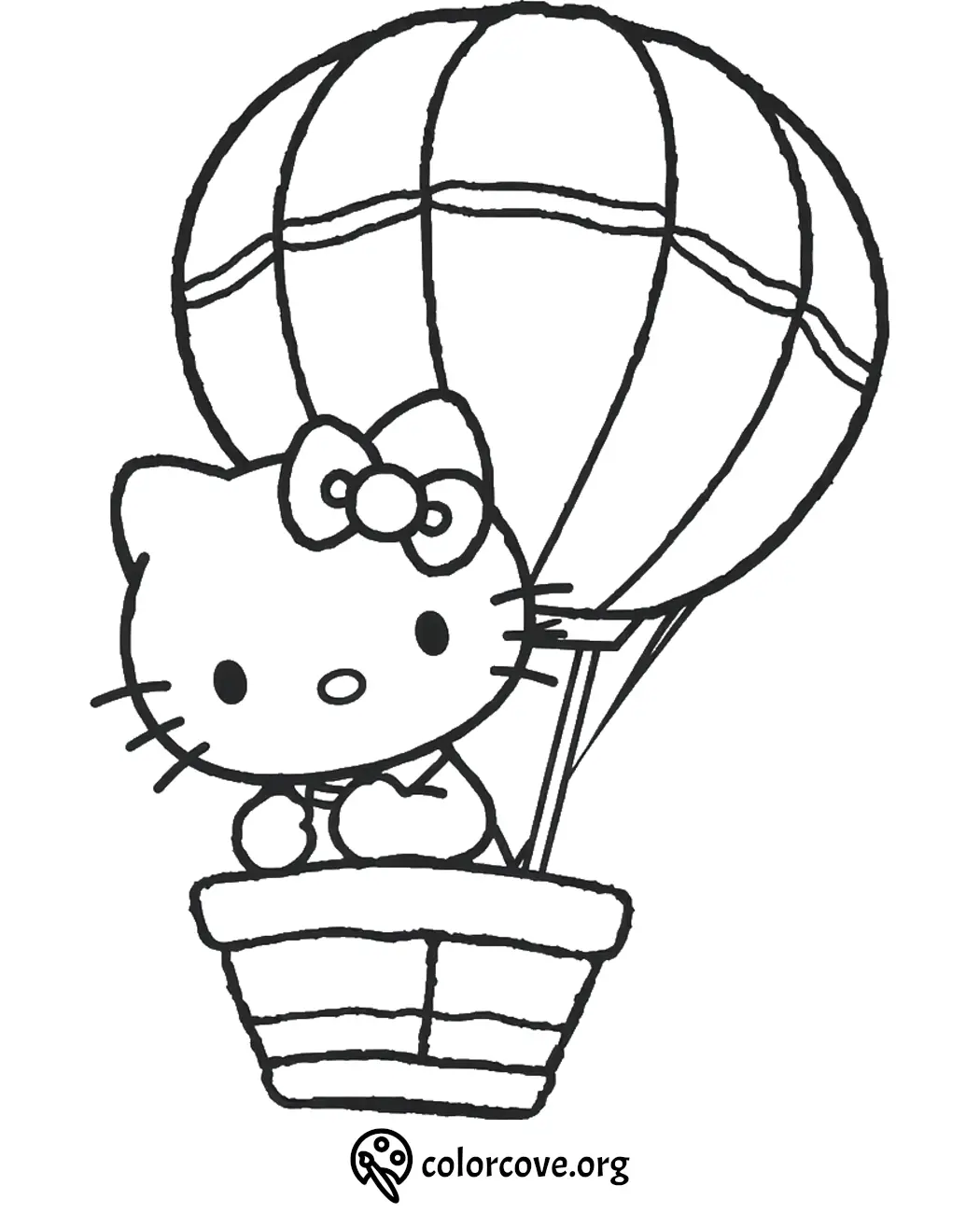 Cute cat character in a hot air balloon coloring page for kids.