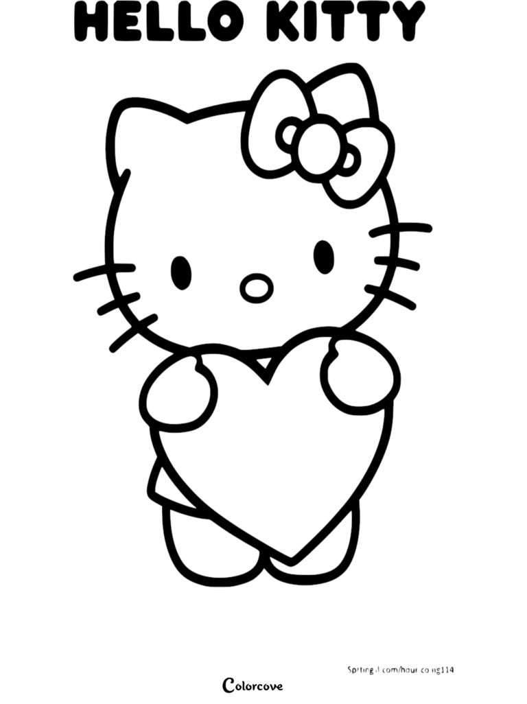 Hello Kitty holding a large heart in this printable coloring page
