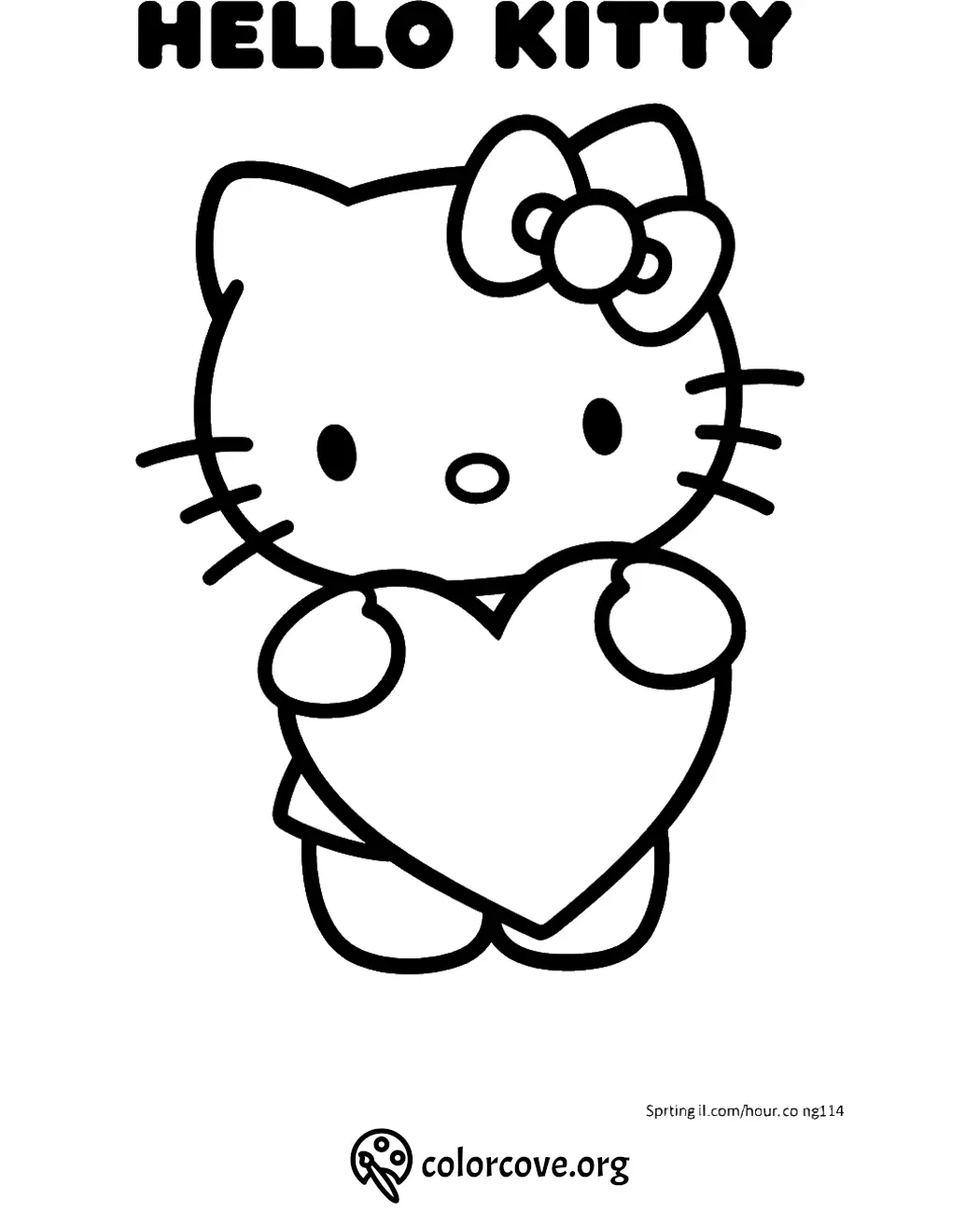 Cute cat with bow holding heart coloring page for kids, perfect for fun and creative activities.