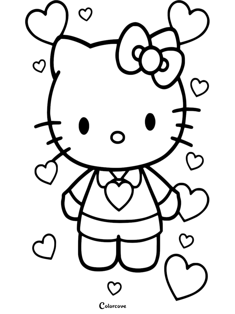 Hello Kitty wearing a heart-themed outfit surrounded by floating hearts in this printable coloring page.