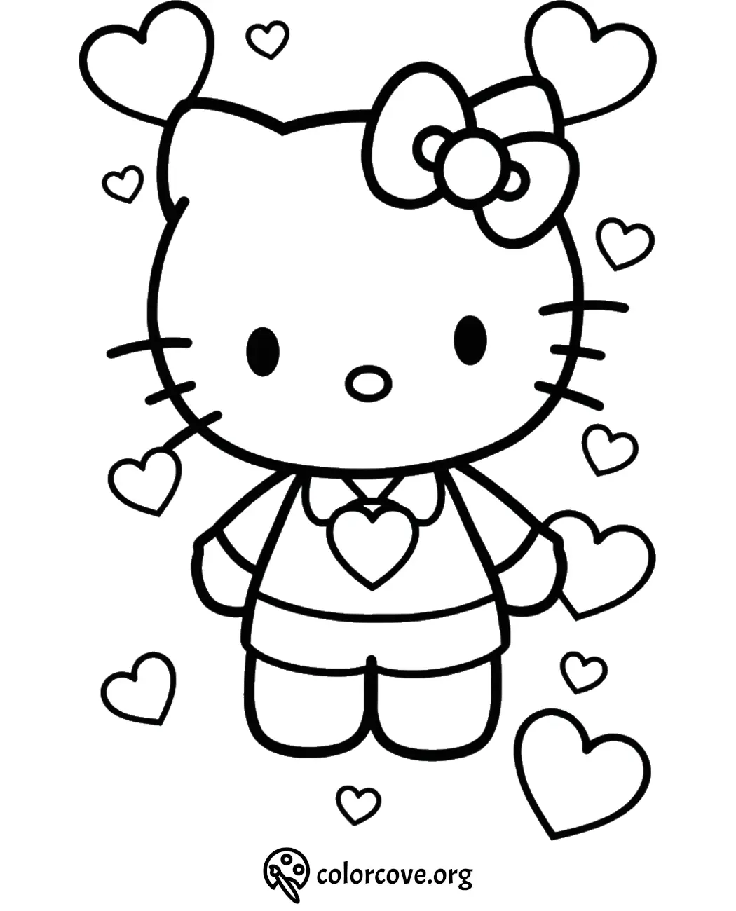 Cute cat coloring page with hearts and a bow, perfect for kids to enjoy and express creativity.