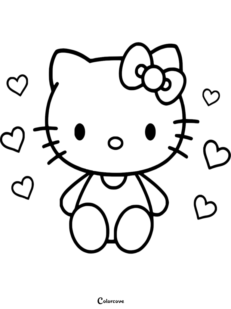 Hello Kitty surrounded by floating hearts in this free printable coloring page.