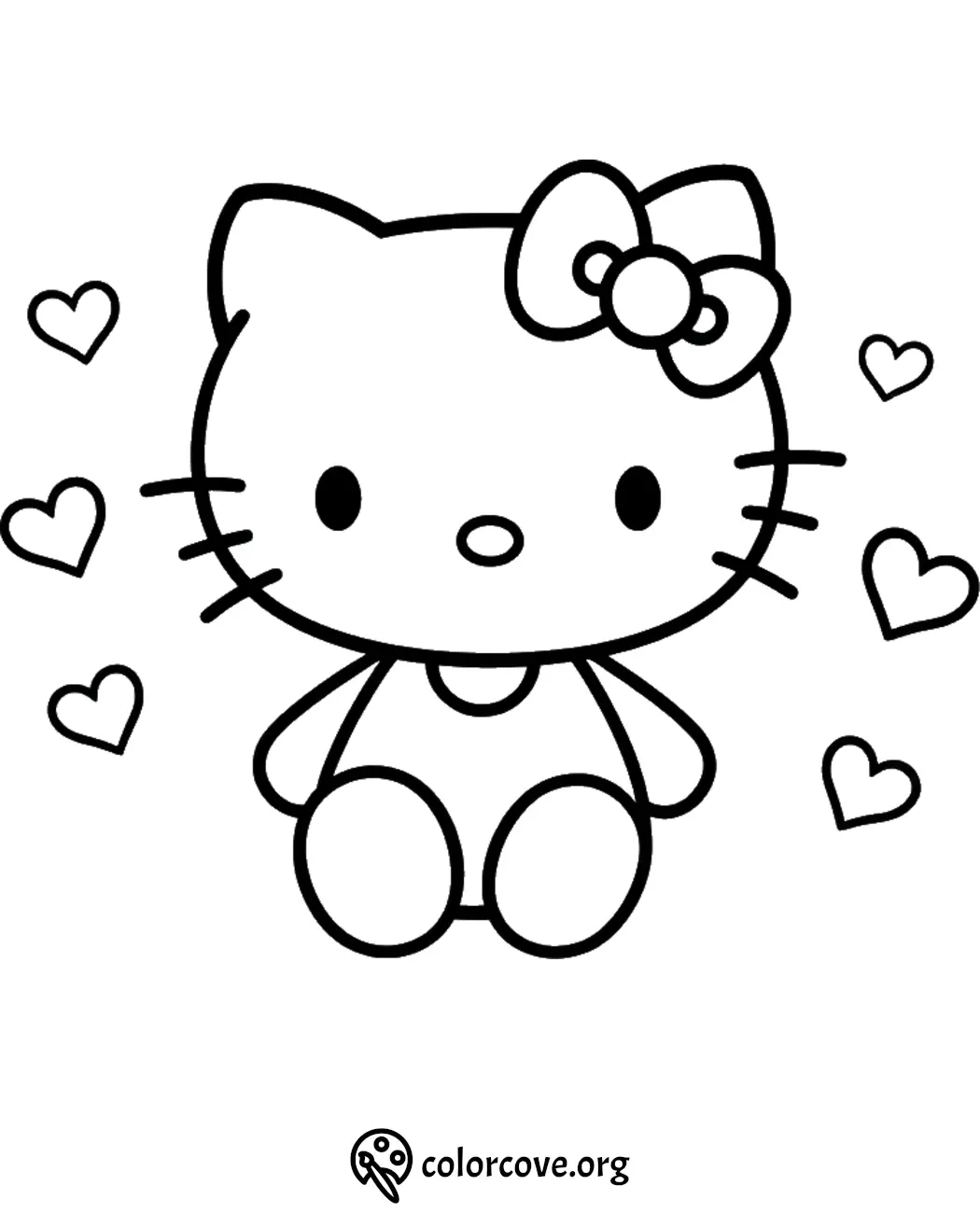 Cute cat coloring page with bow and hearts, ideal for kids to color and enjoy creativity.