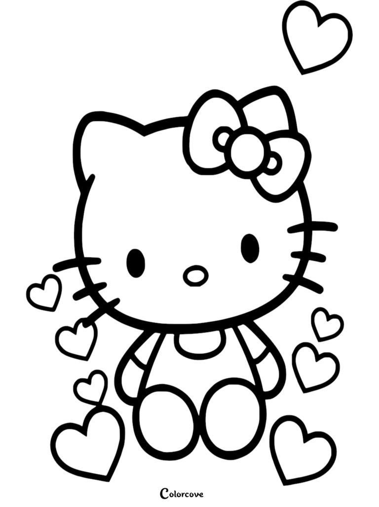 Hello Kitty wearing her signature bow surrounded by floating hearts in this free printable coloring page.