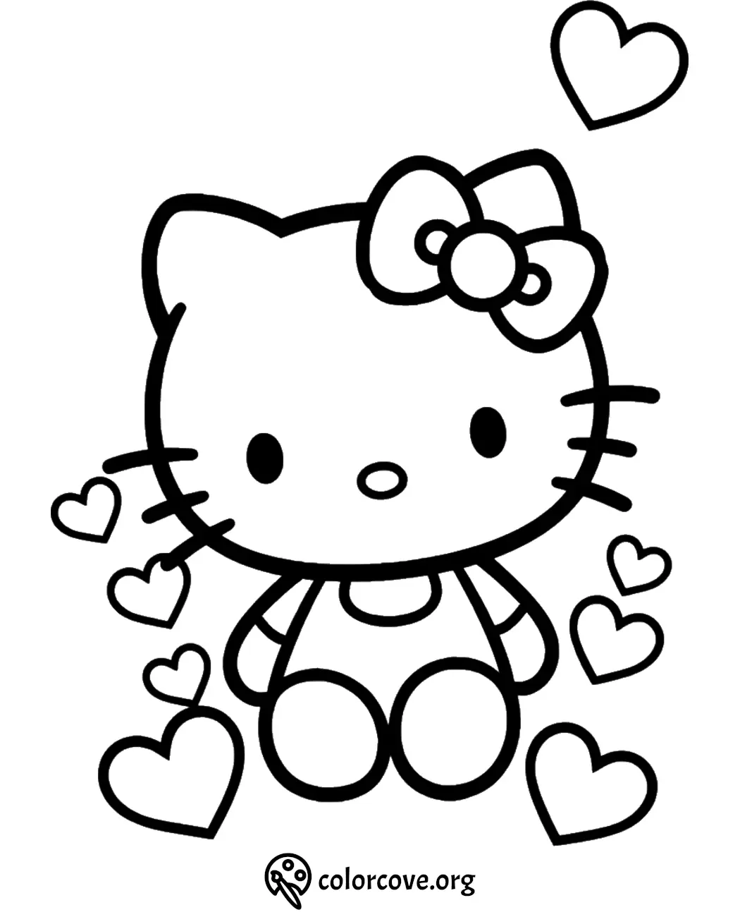 Cute cat coloring page with bow and hearts, perfect for kids' creativity and fun activities.