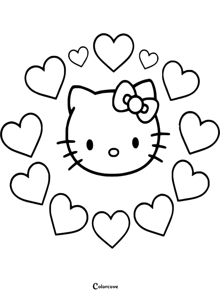 Hello Kitty face with her signature bow surrounded by a circular pattern of hearts in this printable coloring page.