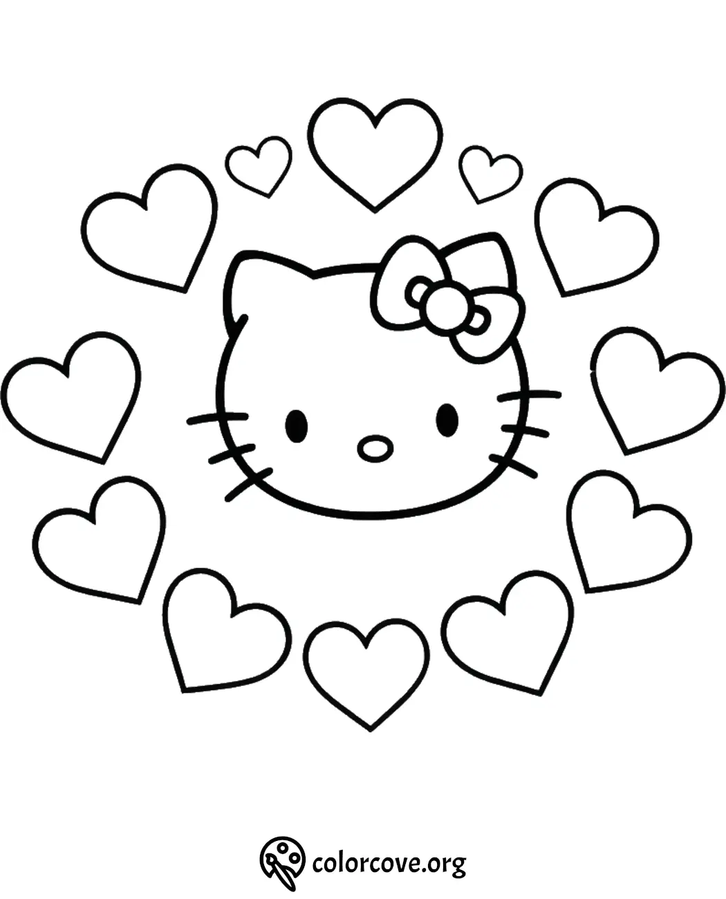 Cute cat face with bow surrounded by hearts coloring page. Perfect for kids' creative art activities and fun.