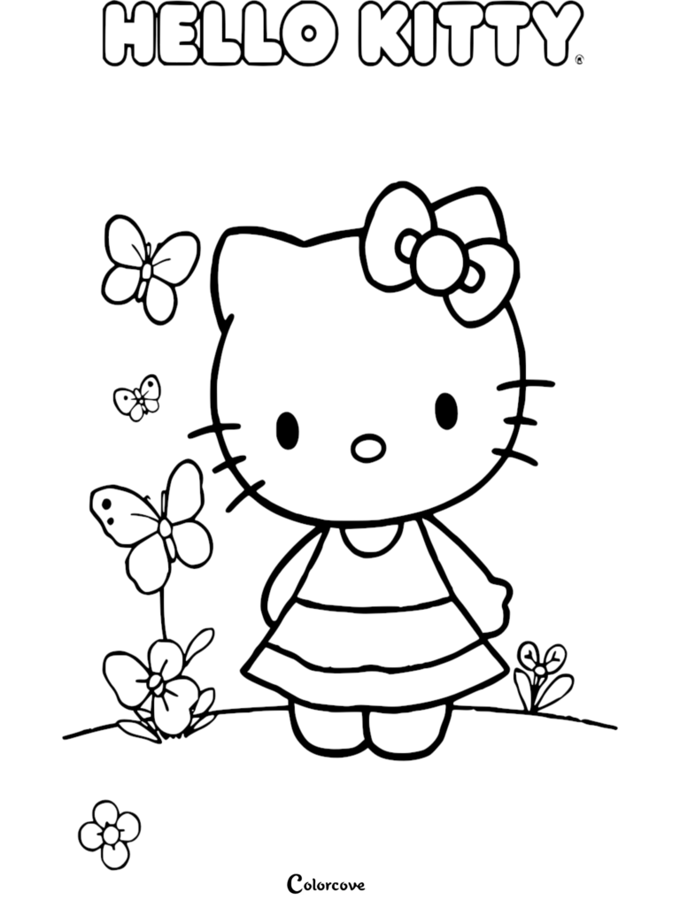 Hello Kitty standing in a garden with butterflies and flowers in this free printable coloring page.