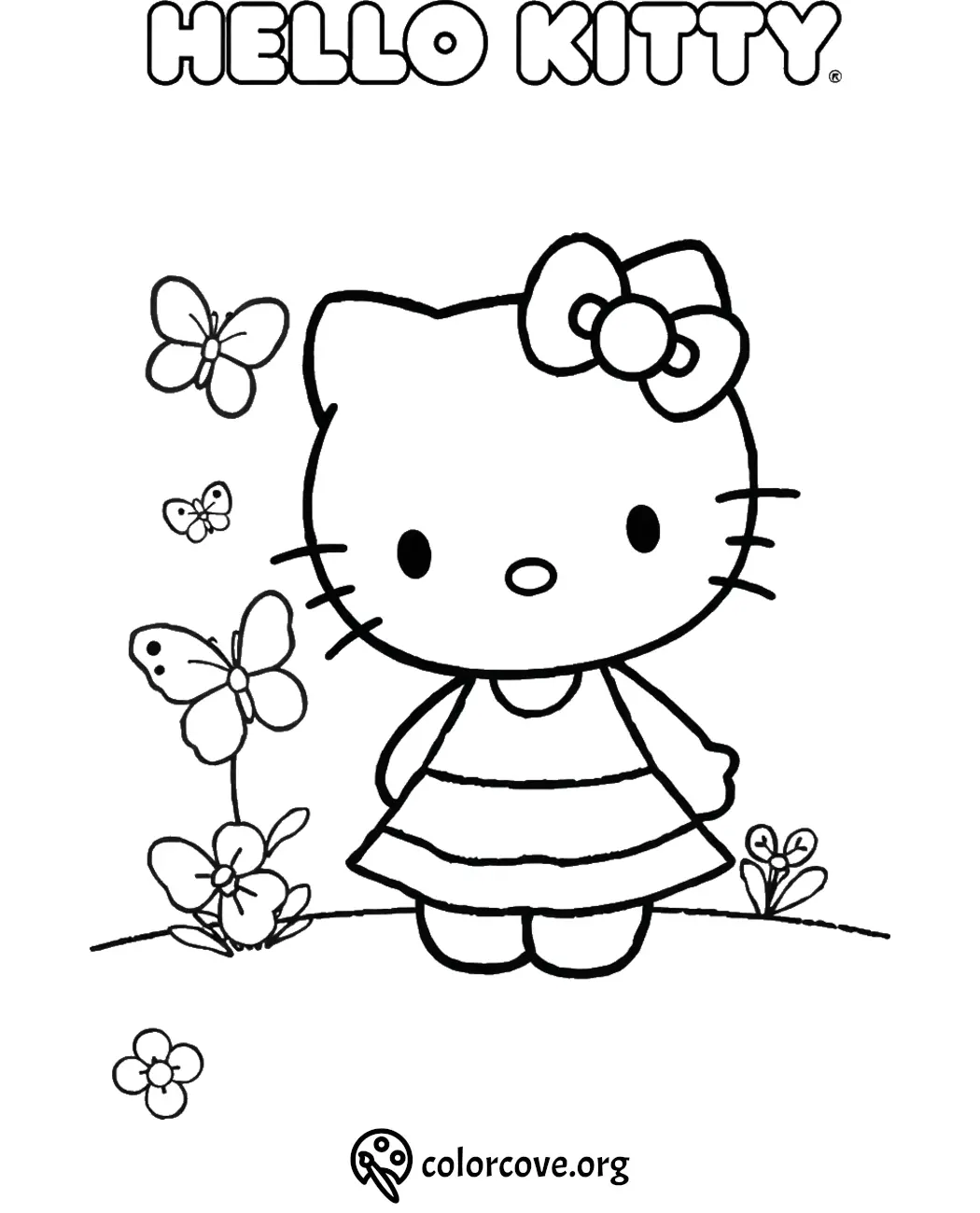 Cute cartoon cat coloring page with butterflies and flowers. Perfect for kids' creative fun. Coloring activity sheet.