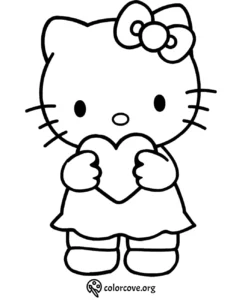 Cartoon cat with a bow holding a heart, coloring page for kids. Cute animal printable activity.