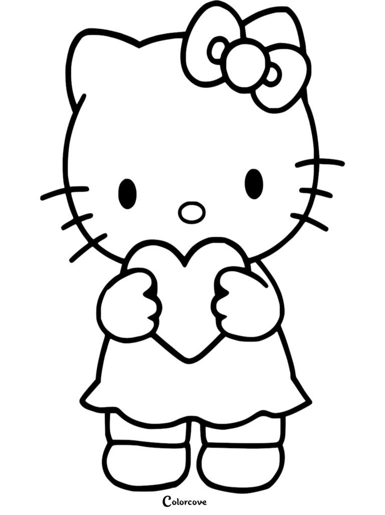 Hello Kitty holding a large heart in this free printable coloring page.