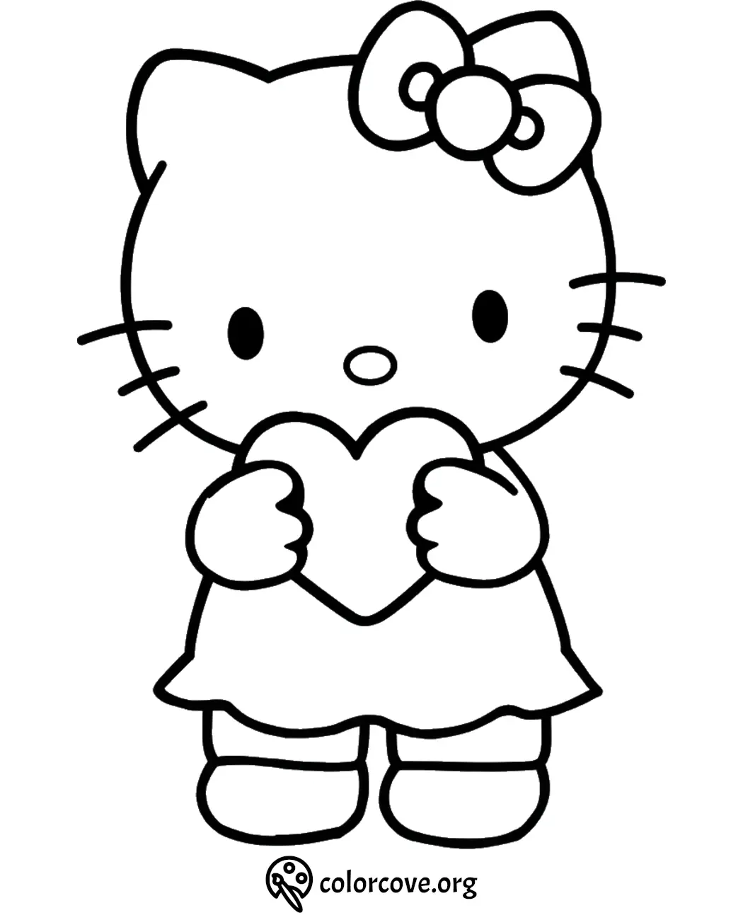 Cartoon cat with a bow holding a heart, coloring page for kids. Cute animal printable activity.