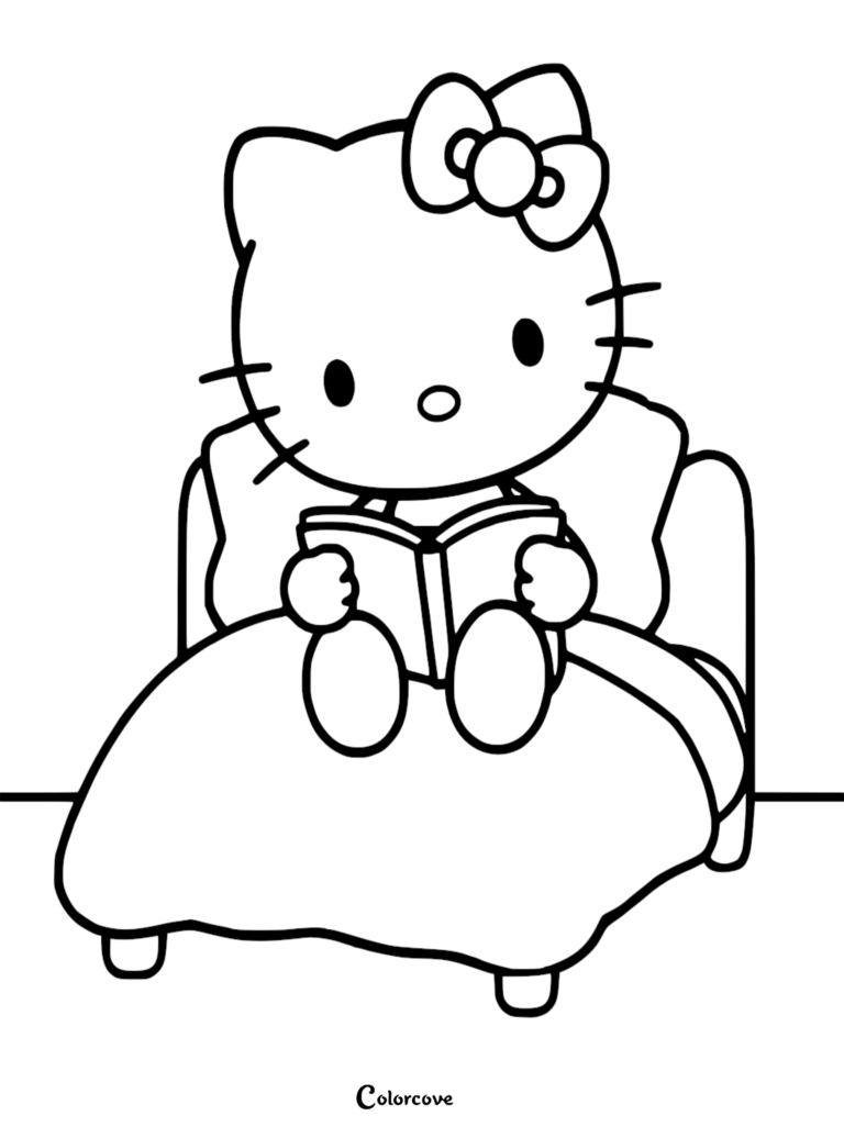 Hello Kitty sitting up in bed reading a book, printable coloring page.