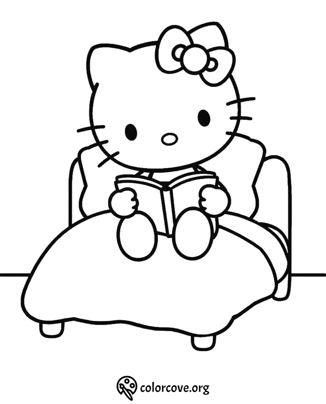 Cute cartoon cat reading a book on a cozy bed. Coloring page for kids.