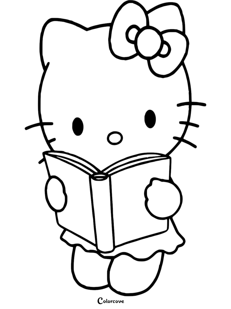 Hello Kitty holding an open book in this free printable coloring page.