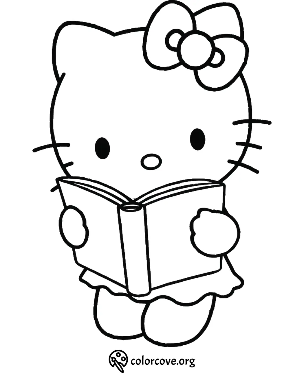 Cute cat character with bow reading a book, coloring page for kids.