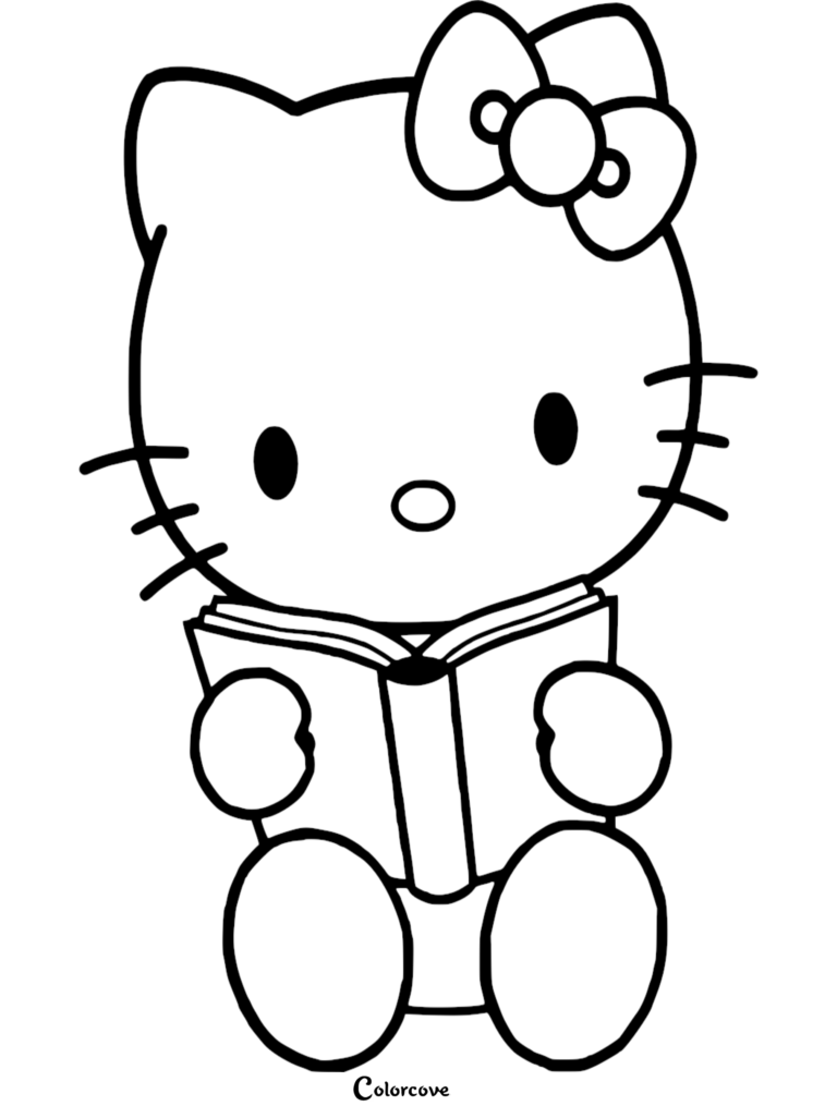 Hello Kitty sitting and holding an open book in this printable coloring page