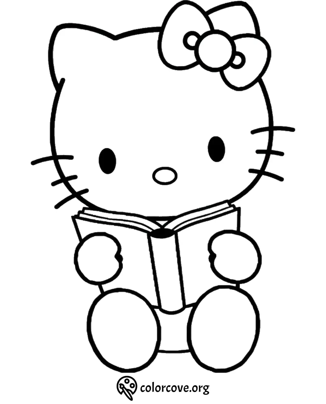 Cute cartoon cat reading a book coloring page with bow. Perfect for kids' creative activity.