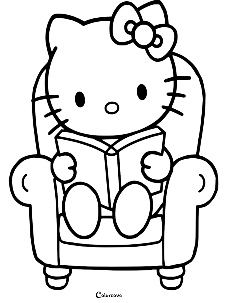 Hello Kitty sitting in a comfortable armchair reading a book in this free printable coloring page.
