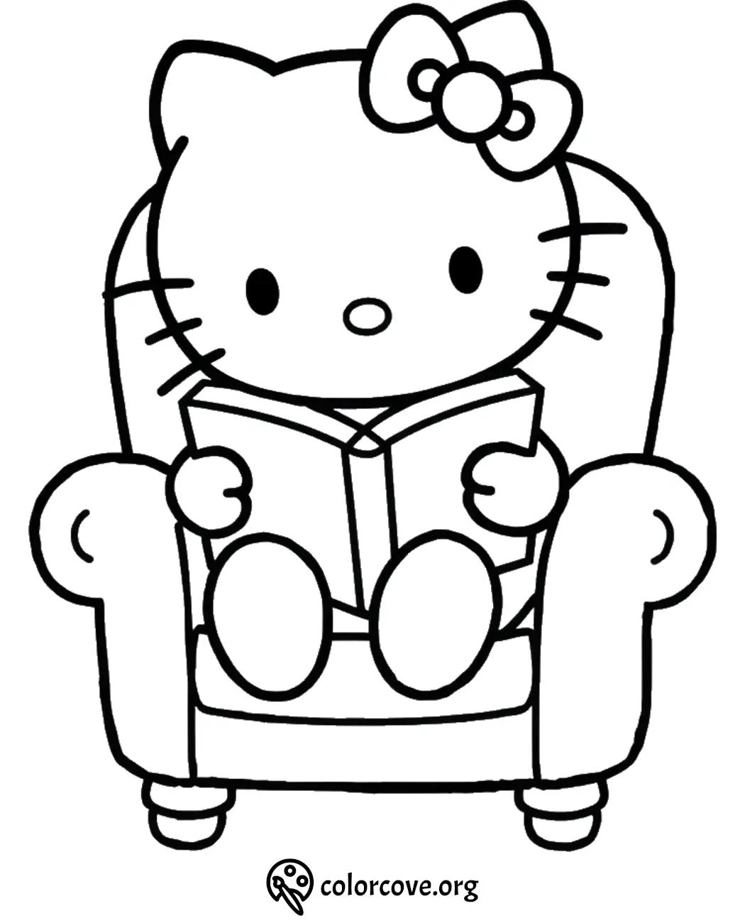 Cute cartoon cat with bow reading a book in armchair coloring page, perfect for kids' creativity and fun activities.