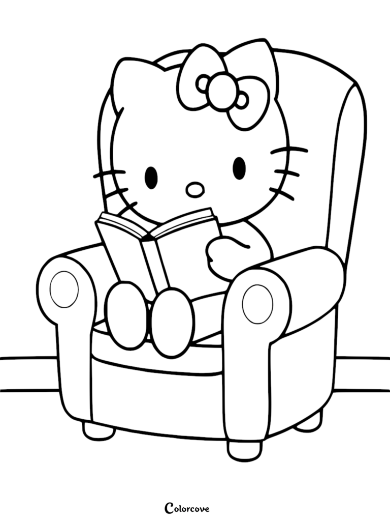 Hello Kitty sitting in a cozy armchair reading a book, printable coloring page for kids.