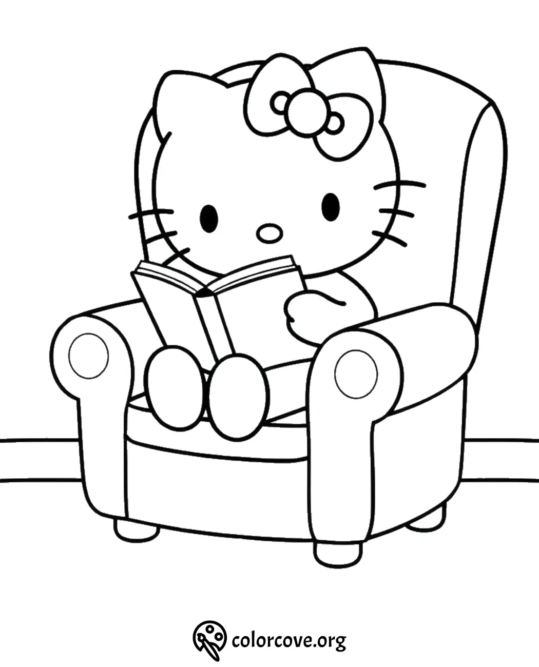 Cute cat character reading a book on a chair, coloring page for kids, black and white illustration.