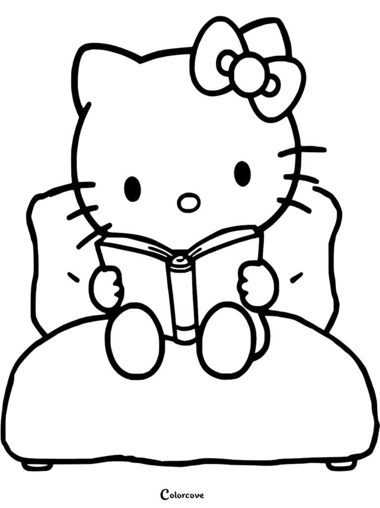 Hello Kitty sitting in a cozy armchair reading an open book, printable coloring page.