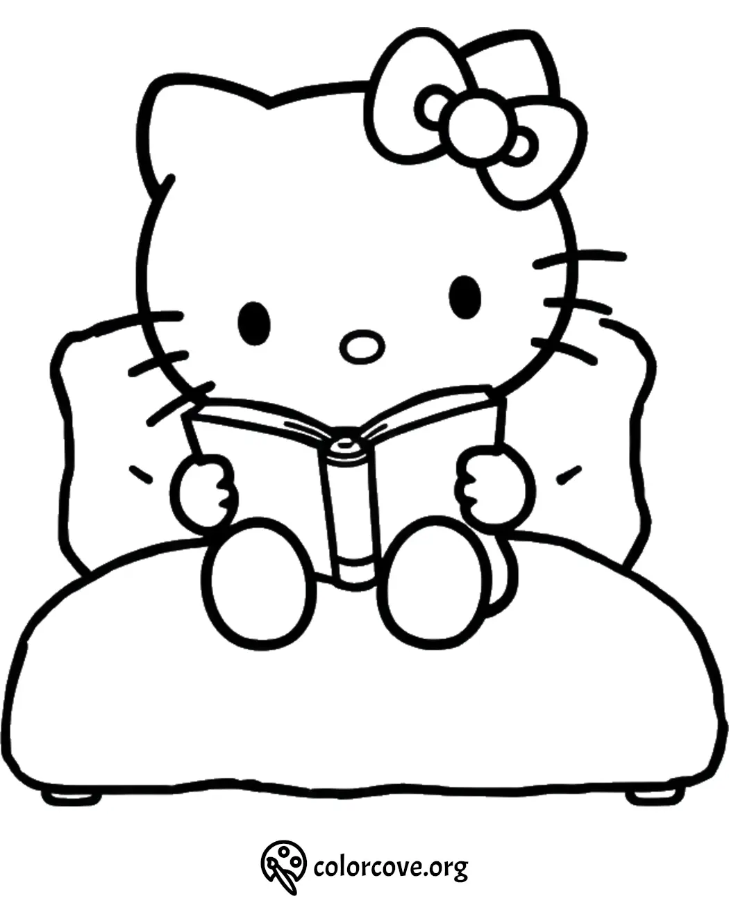 Cute character with a bow reading a book on a couch coloring page. Perfect for kids' creative fun.