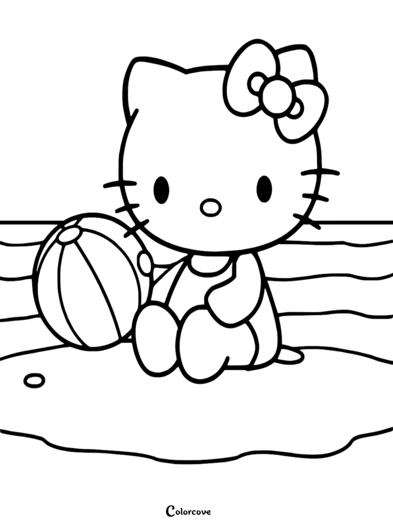 Hello Kitty sitting on the sand with a beach ball, printable coloring page.