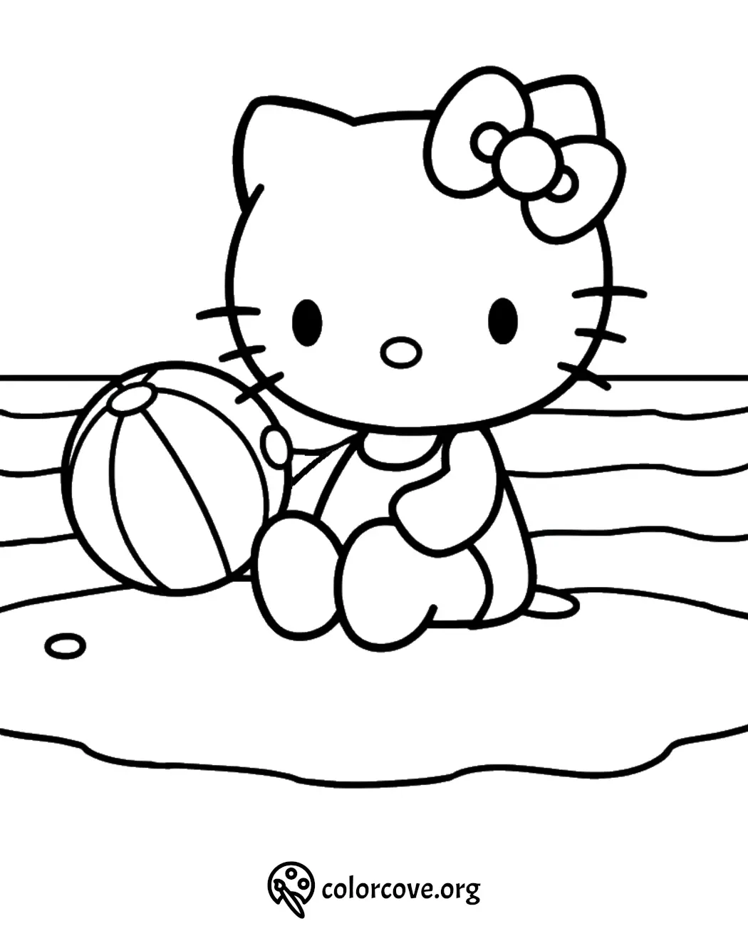 Cute cartoon cat sitting on a beach with a ball, ready for coloring. Perfect for kids' creative fun.