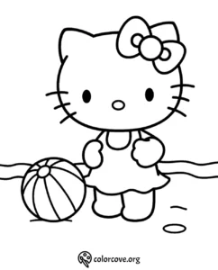 Cartoon cat with a bow playing with a beach ball on a coloring page. Cute outline for kids to color.