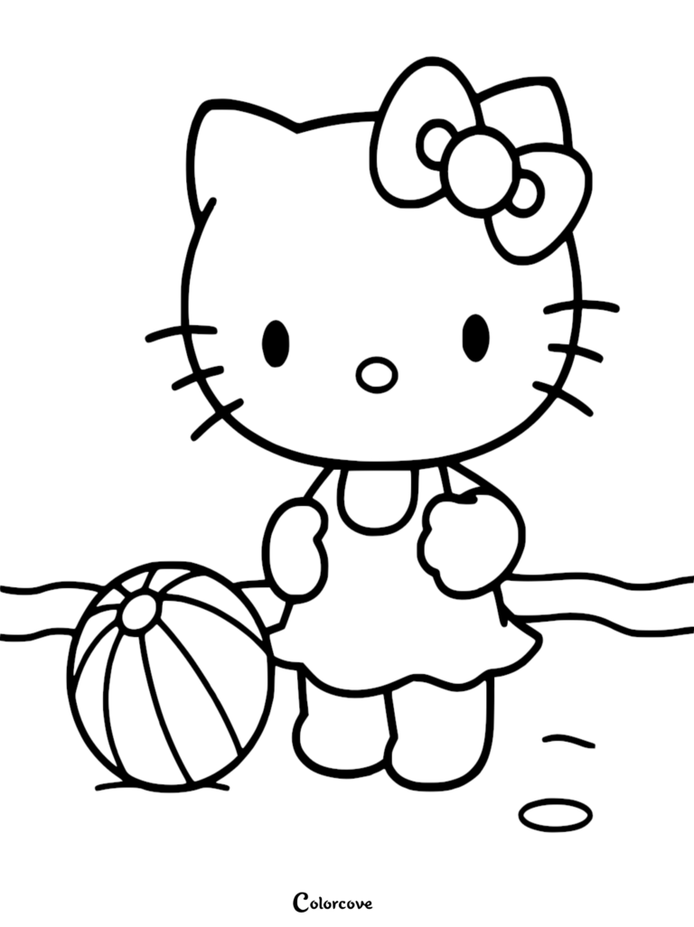 Hello Kitty standing on the beach next to a striped beach ball in this printable coloring page.