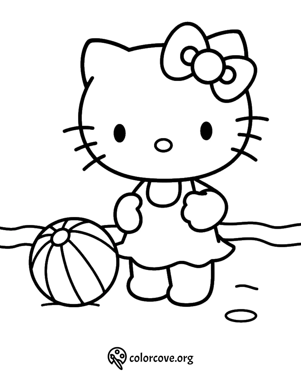 Cartoon cat with a bow playing with a beach ball on a coloring page. Cute outline for kids to color.