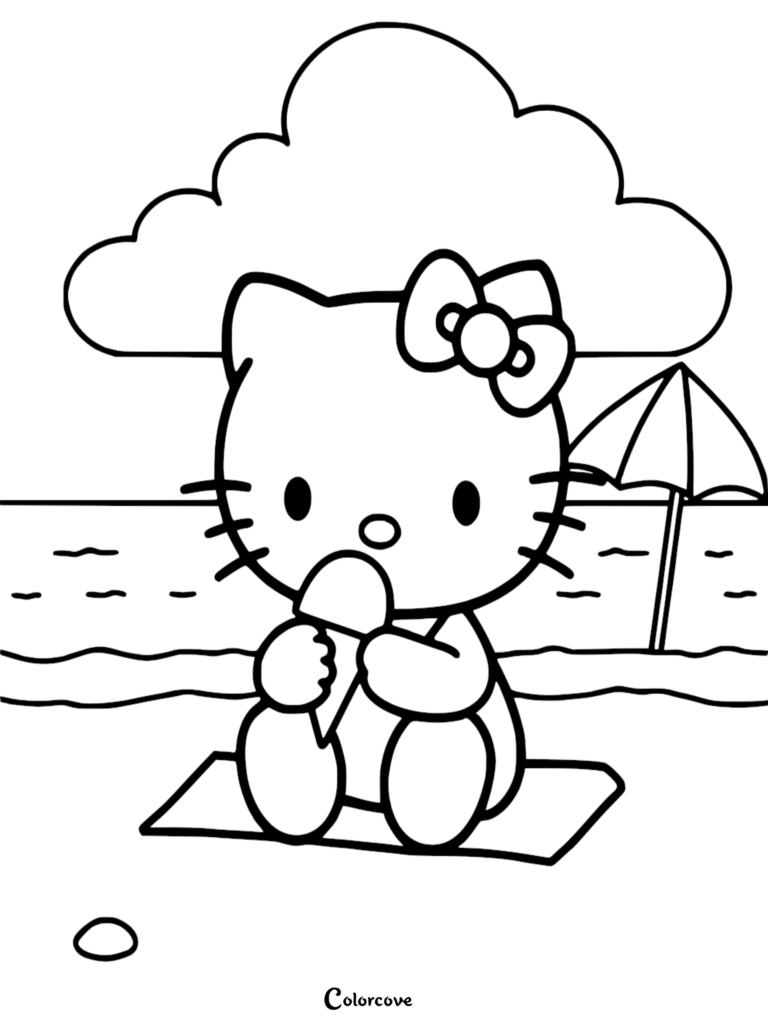 Hello Kitty sitting on a beach towel eating an ice cream cone with a beach umbrella and cloud in the background coloring page