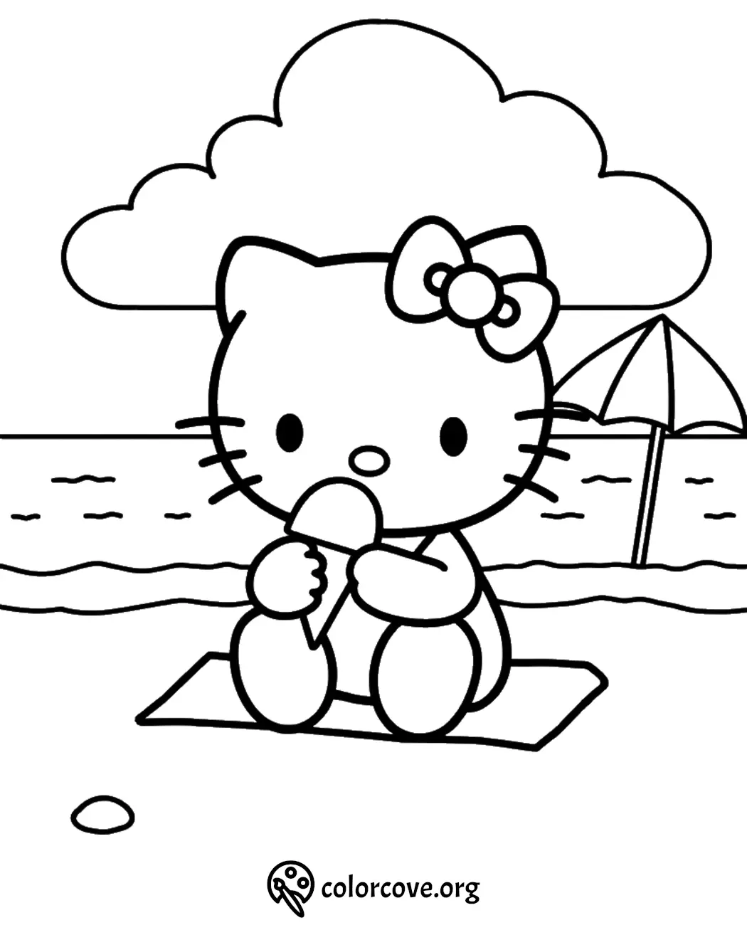 Cartoon cat on beach towel with ice cream, umbrella, and ocean in the background. Coloring page.