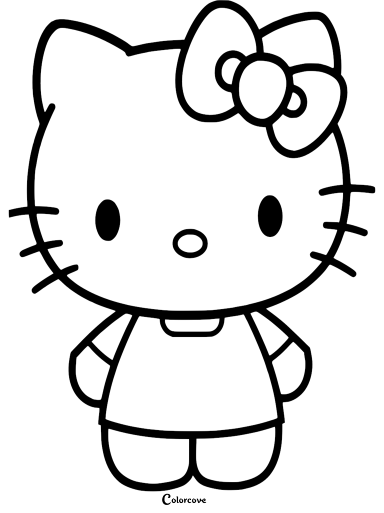 Hello Kitty standing in a simple pose, featuring her signature bow, for a free printable coloring page.