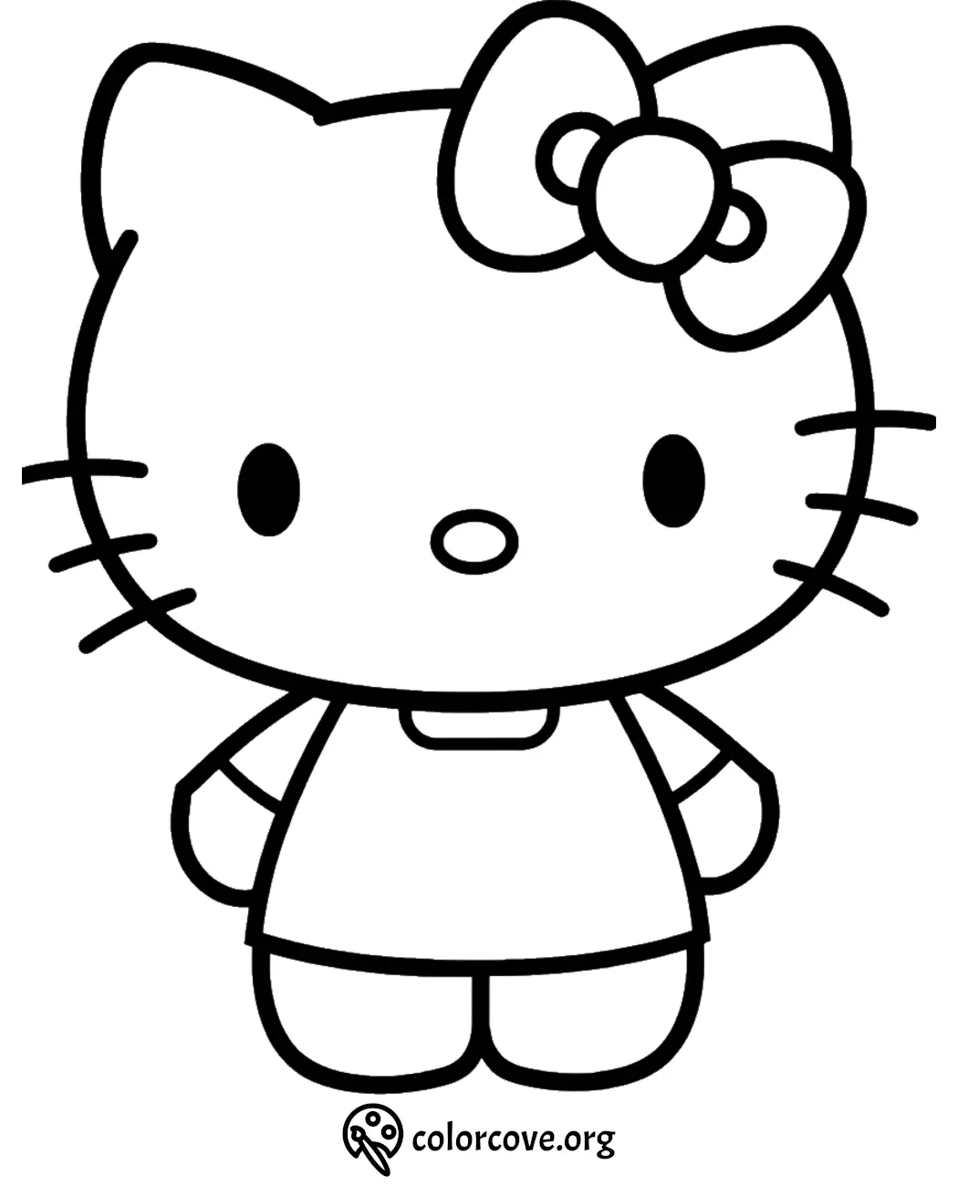 Cute cat character coloring page with bow, perfect for kids and fans of kawaii designs. Free printable activity.