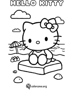 Cute character in swimwear sitting on a beach with umbrella, waves, and clouds. Fun summer coloring page.