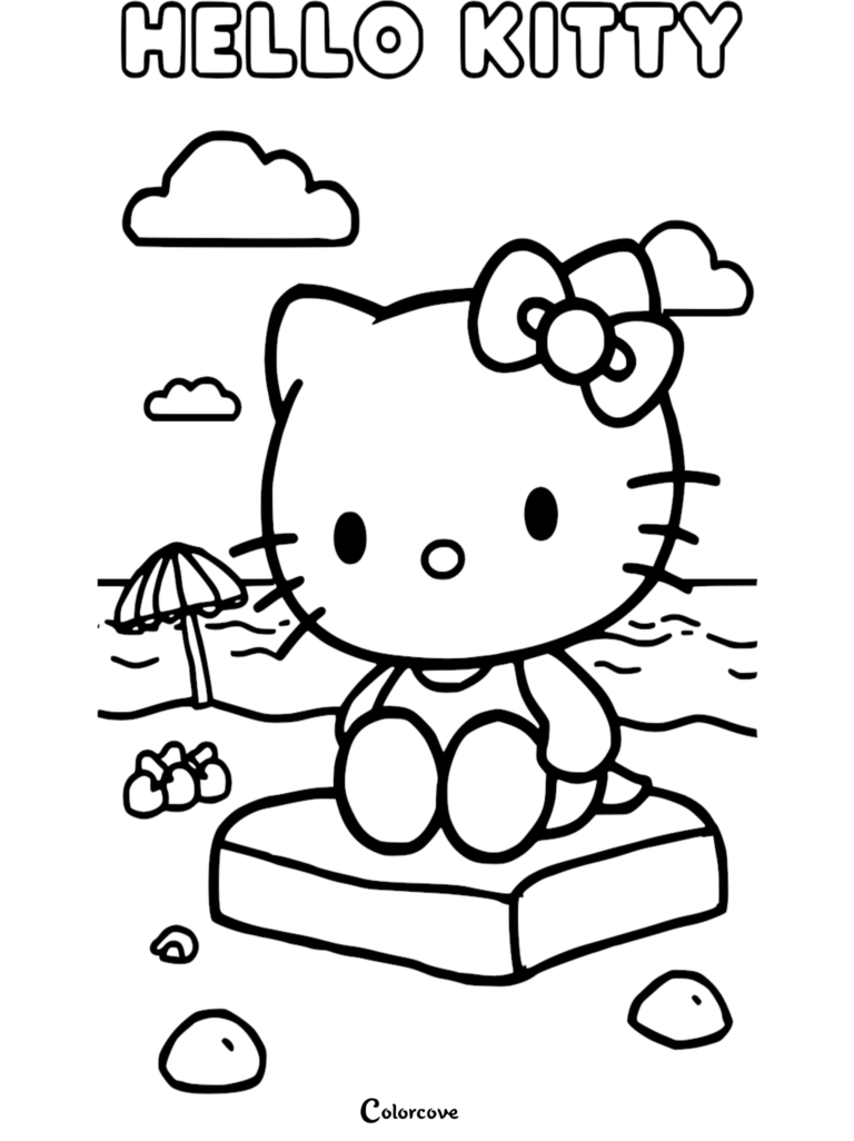 Hello Kitty sitting on a beach towel with a parasol in the background, free printable coloring page.