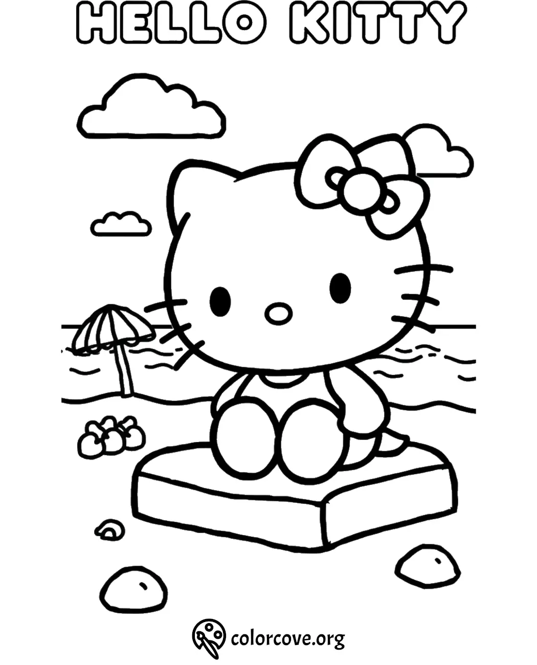 Cute character in swimwear sitting on a beach with umbrella, waves, and clouds. Fun summer coloring page.