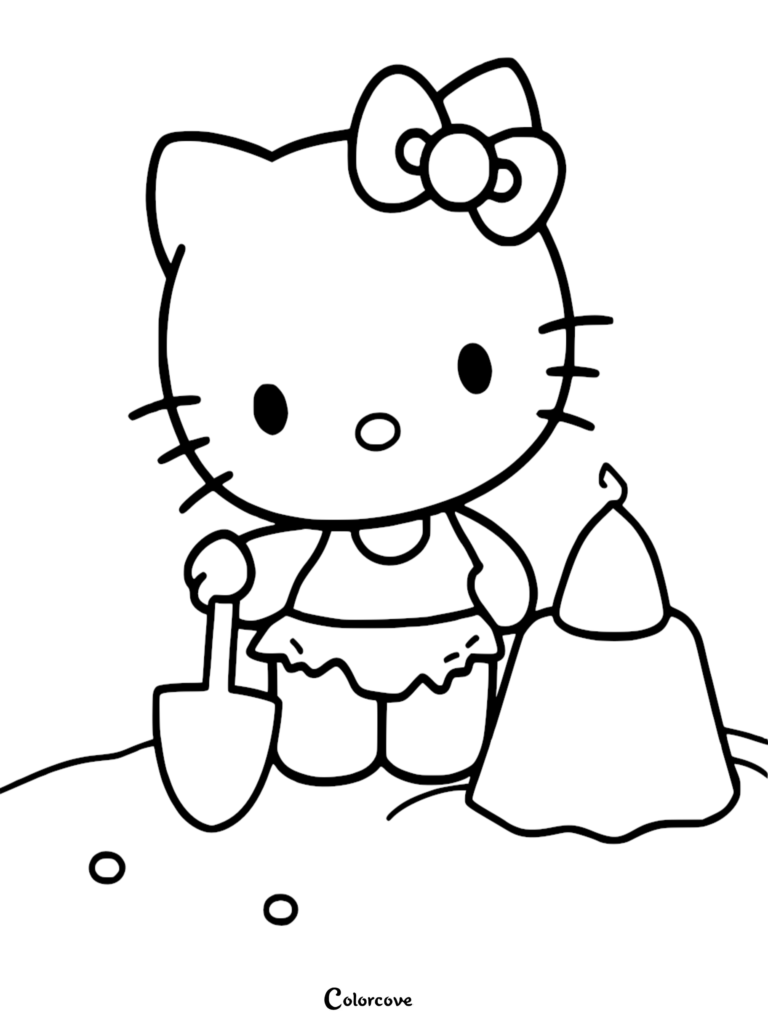Hello Kitty holding a shovel next to a sandcastle in this free printable coloring page.