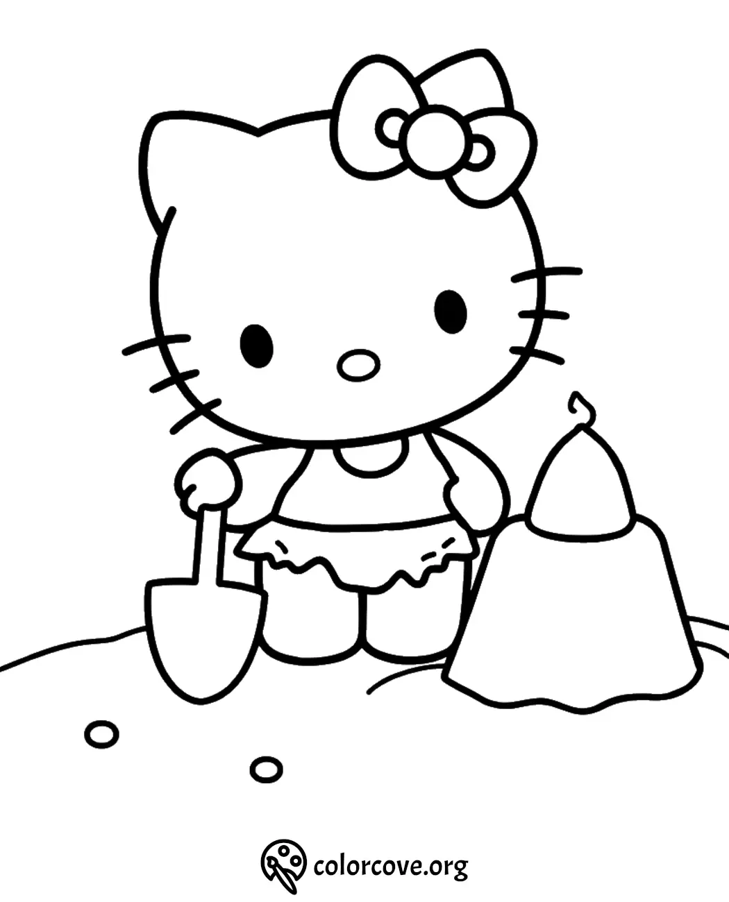 Cute cat character building a sandcastle, holding a shovel on a fun beach day coloring page.