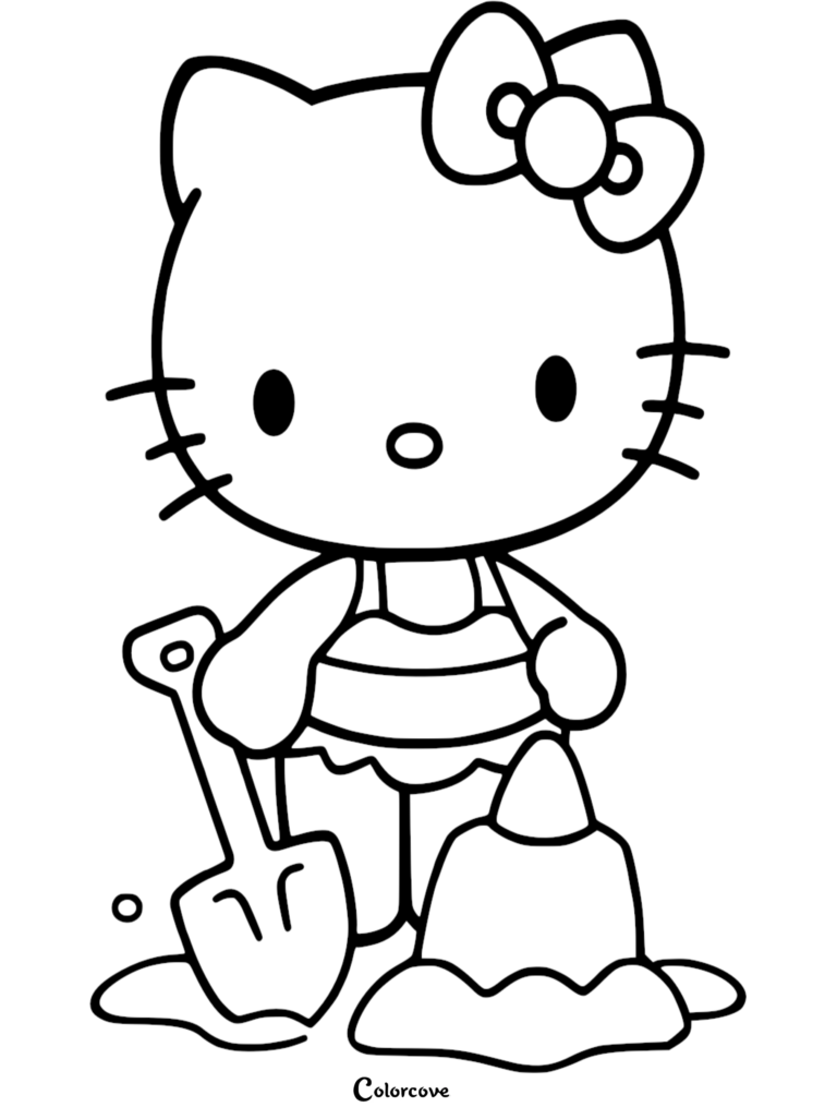 Hello Kitty wearing a swimsuit holding a shovel next to a sandcastle in this printable coloring page.